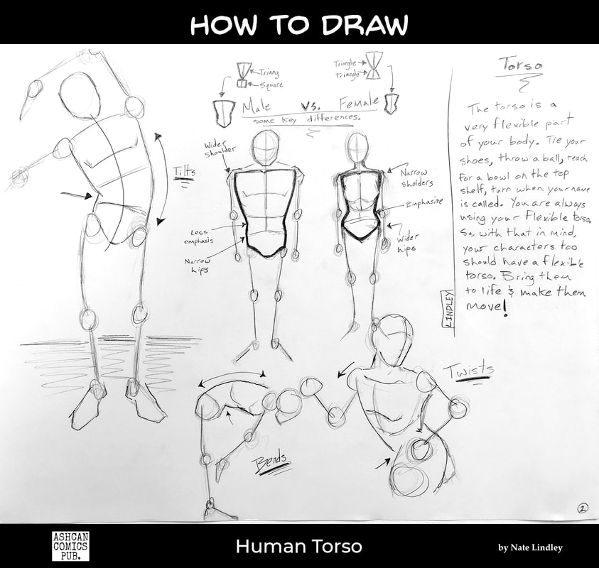 Line drawings of basic shapes,  indicating flexible people in motion (human torso) by Nate Lindley.