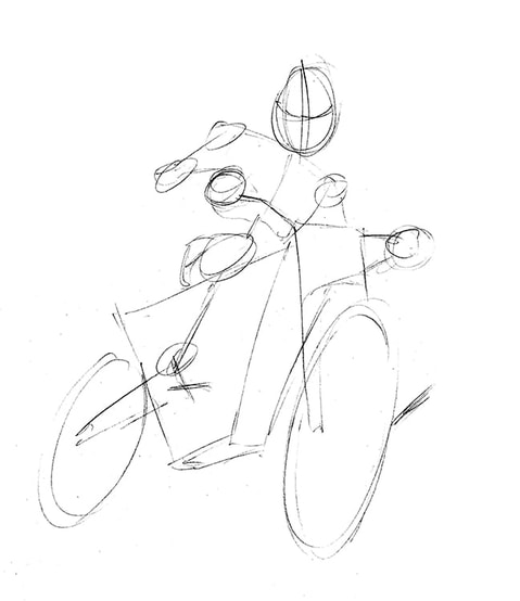 Line drawing of basic shapes of how to draw a dirt bike (motorcycles) by Nate Lindley.