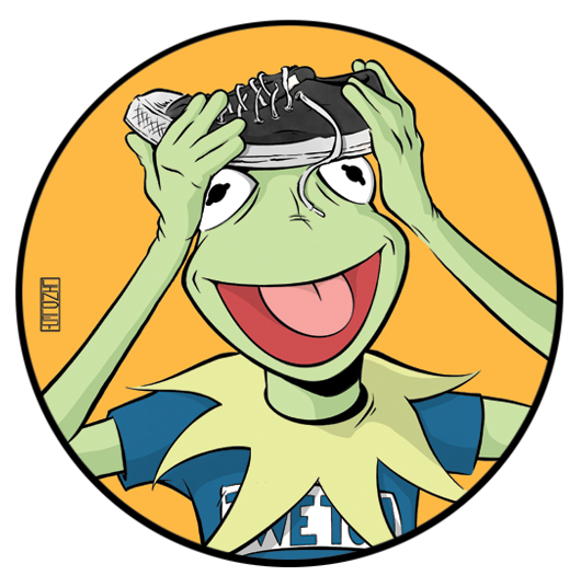 Picture of Katfish Kermit.  An illustration by Nate Lindley based on the humorous meme about putting a shoe on your forehead to avoid catfishing.