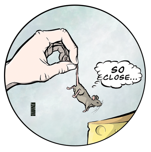 So Close... A humorous cartoon about a mouse who almost got the big cheese.  Picture