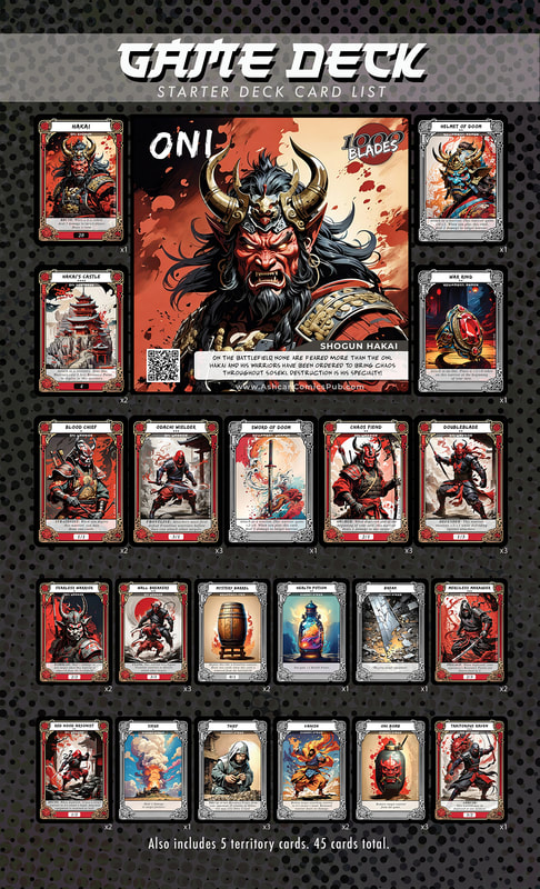 Card list of the 1000 Blades Oni starter deck.  1000 Blades trading card game (tcg) was created by Nate Lindley of Ashcan Comics Pub. (ACP).