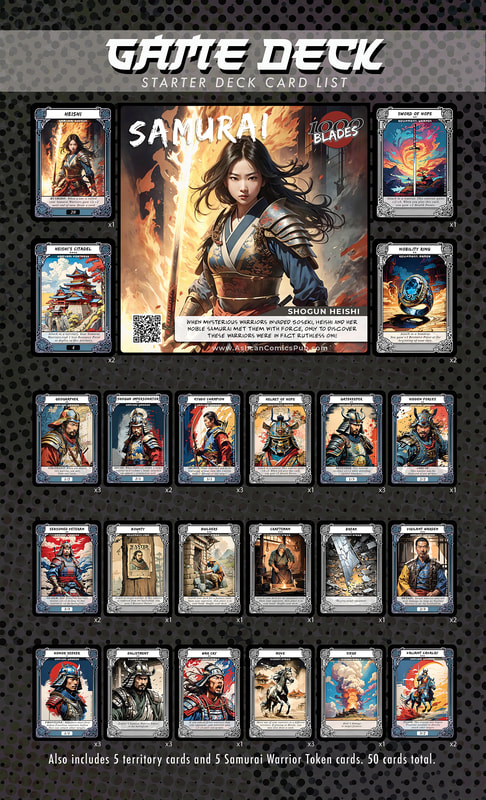 Card list of the 1000 Blades Samurai starter deck.  1000 Blades trading card game (tcg) was created by Nate Lindley of Ashcan Comics Pub. (ACP).