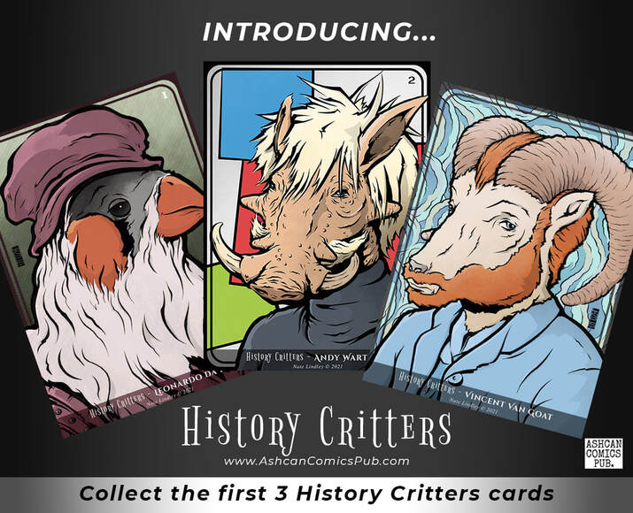 Picture of History Critters cards: Leonardo da Finci, Andy Warthog, and Vincent Van Goat.  Trading card illustrations by Nate Lindley