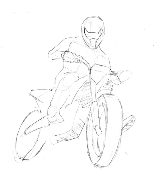Line drawing of the basic form: How to draw a dirt bike (motorcycle) by Nate Lindley.