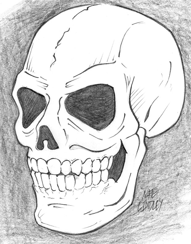 Fully rendered artwork: how to draw a human skull by Nate Lindley.