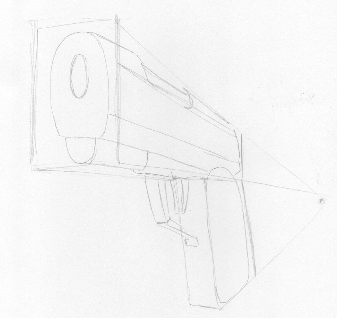 1 Point Perspective - Line drawing of improved shapes: how to draw a Pistol by Nate Lindley.