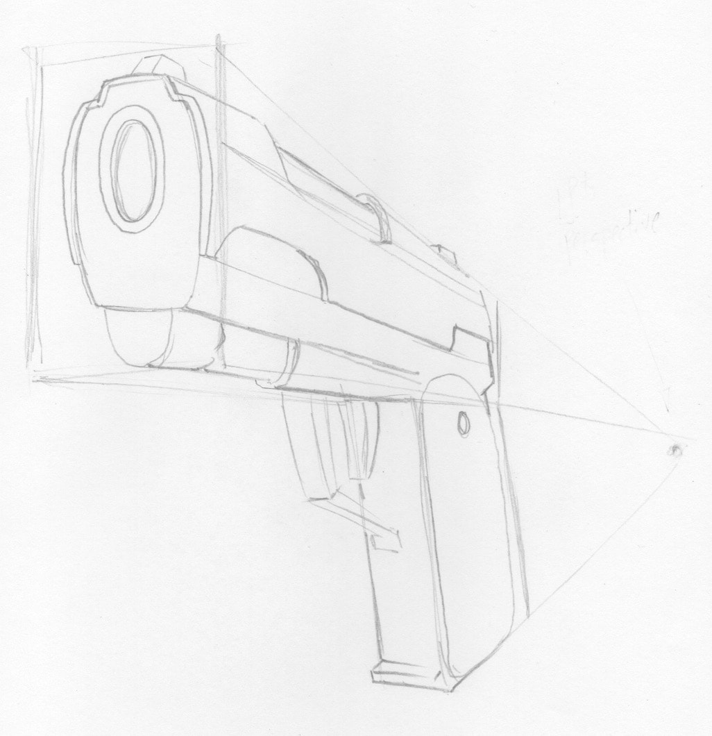 1 point perspective - Line Drawing of complex shapes: how to draw a Pistol by Nate Lindley.