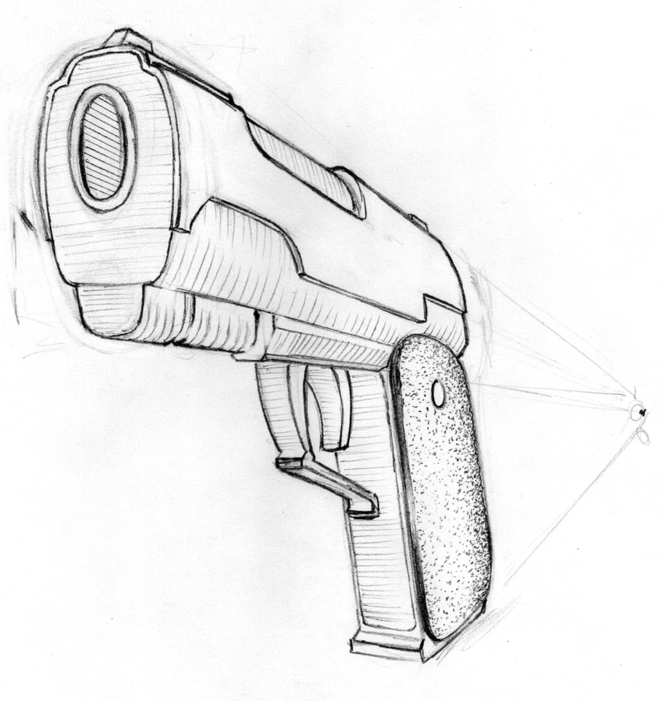 1 Point Perspective: how to draw a Pistol by Nate Lindley.