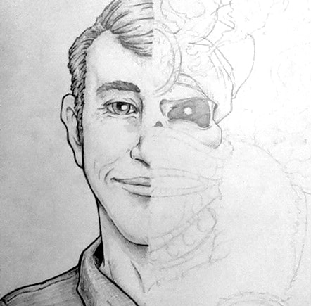 Partially rendered drawing of 1/2 real, 1/2 fantasy self portrait of Nate Lindley.